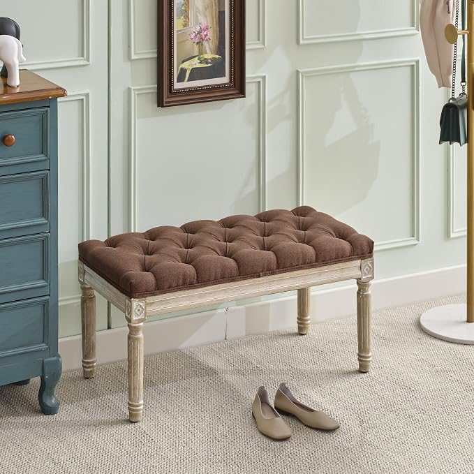 LOULENS 31'' Entryway Bench, Linen Upholstered End of Bed Bench, Brushed Wood by LOULENS