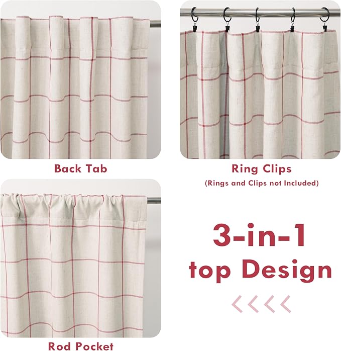 DriftAway 100% Blackout Plaid Linen Curtains 84 Inches Long 2 Panels Red | 100% - Image 6