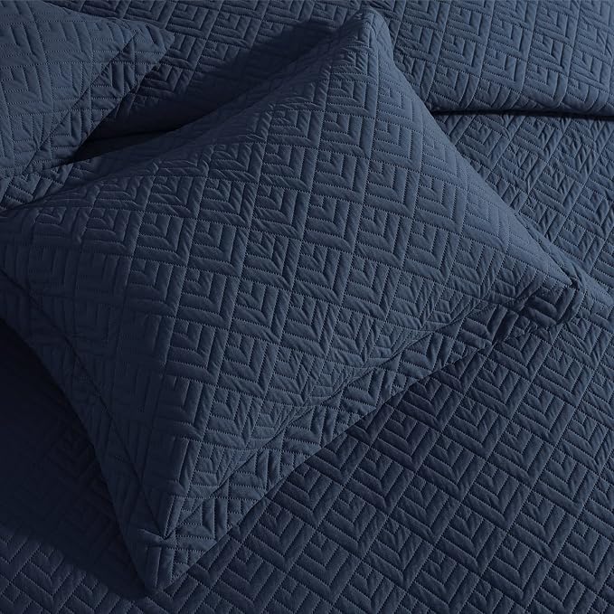 EXQ Home King Size Quilt Set Squares Pattern Bedding Set Lightweight Navy | - Image 5