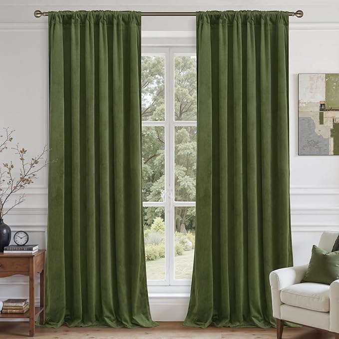 LAMIT Velvet Curtains 102 Inches Long for Living Room, Sage Green Thermal Insulated Soundproof Panels Room Darkeing Back Tab and Rod Pocket Drapes for Bedroom/French Country, 2 Panels, 52 x 102 Inch