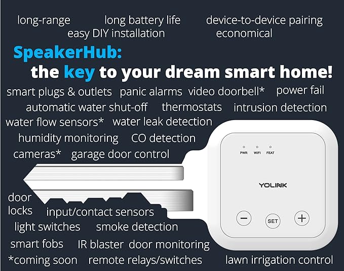 YoLink Water Leak Detection Starter Kit, w/SpeakerHub Audio/Talking Hub & Water Leak Sensor 1, LoRa Up to 1/4 Mile Open-Air Range, SMS/Text, Email & Push Notifications, w/Alexa, IFTTT, Home Assistant