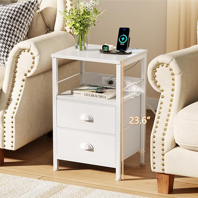 Furologee End Table with Charging Station, Nightstand with Fabric Drawers - Image 4