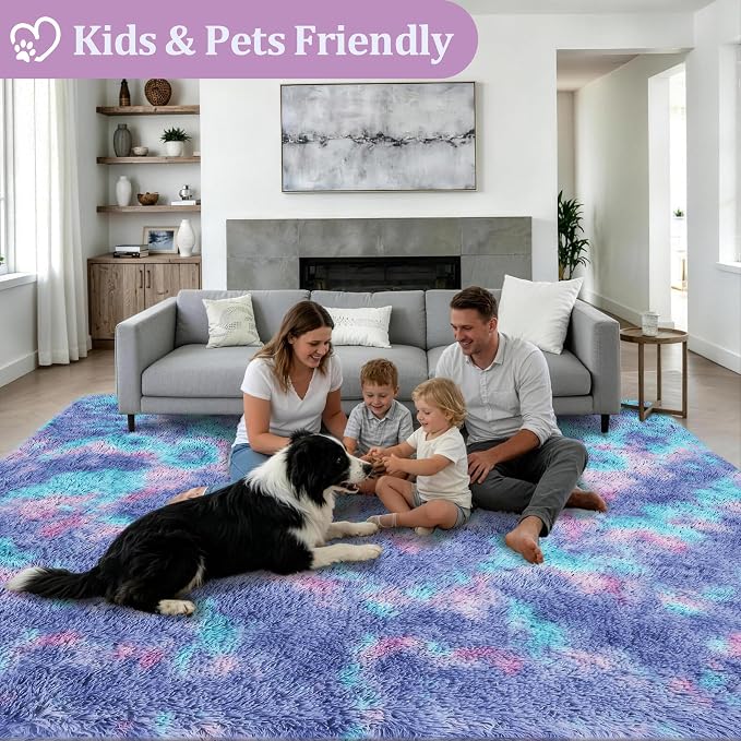 Area Rug Living Room Bedroom: 4x6 Fluffy Plush Shag Carpet Rainbow | - Image 4