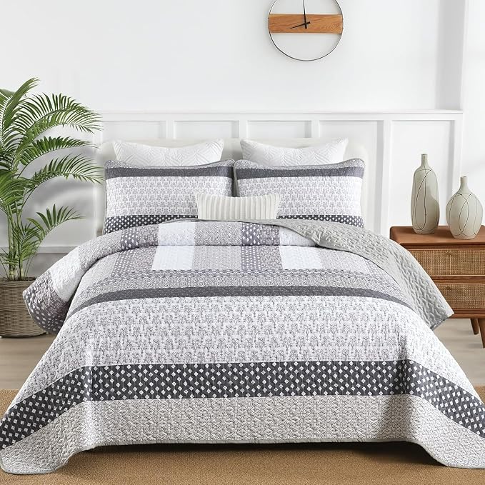 WONGS BEDDING Beige Quilt King Size, 3 Pieces Boho Stripe Bedspread | 3 Pieces - Image 2