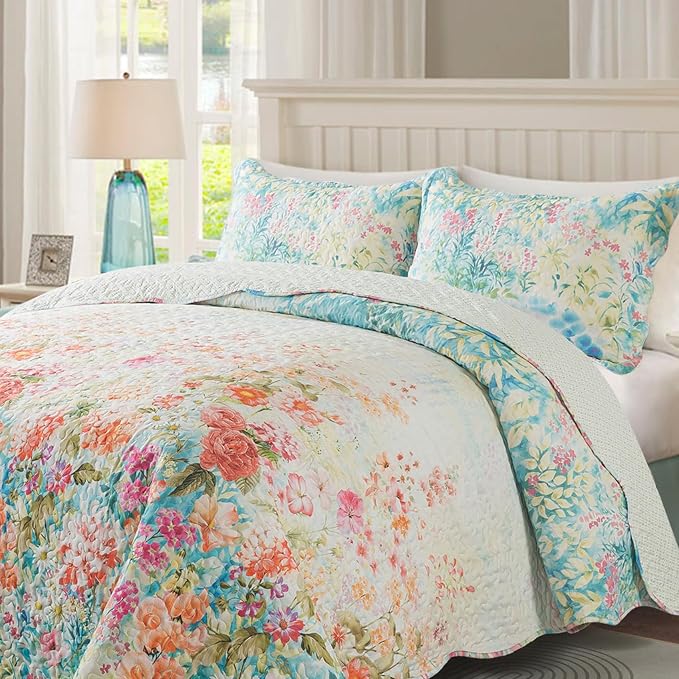 Floral Quilt Queen Quilt Set, Fade Resistant Microfiber Queen Quilt Bedding Set - Image 4