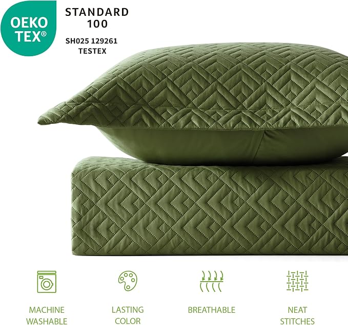 EXQ Home Quilt Set Queen Size Summer Squares Pattern Forest Green Bedspread | - Image 3