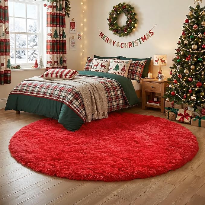 Amdrebio Red Fluffy Plush Large Round Area Rug 7Ft - Image 7