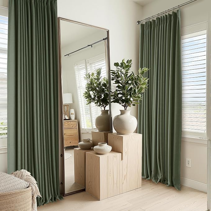 RYB HOME 100% Blackout Olive Green Pinch Pleated Linen Curtains by RYBHOME
