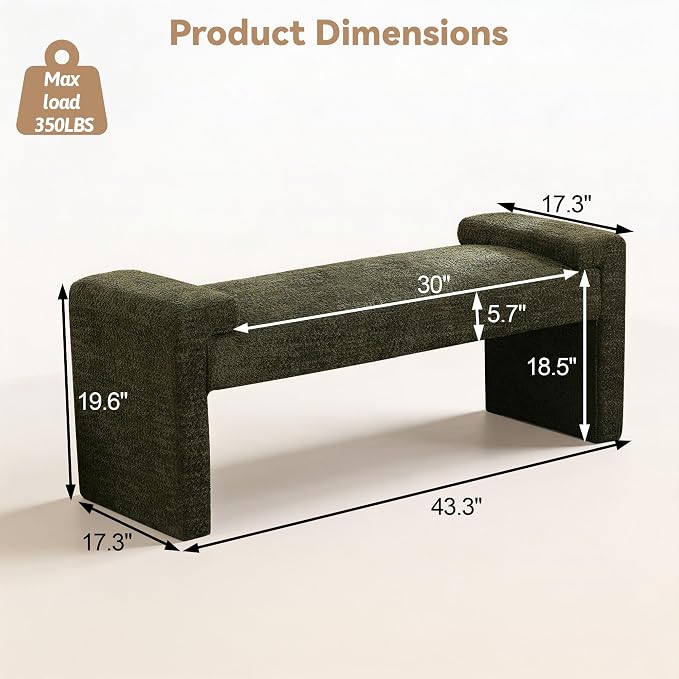 Upholstered Entryway Bench, Curved Armrests, Solid Wood Frame, End of Bed - Image 2