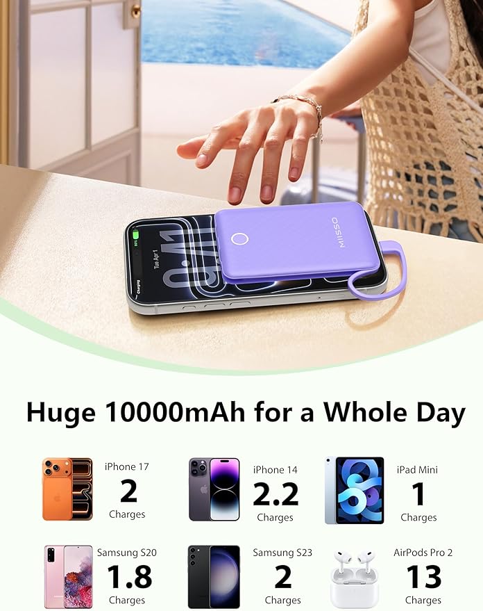 miisso 10000mAh Mini Portable Charger with Built in Cable, Pocket Size Power Bank Travel External Battery Pack for Phone, 3 Output USB Type C Cord Clutch Compatible with iPhone, Samsung, Purple