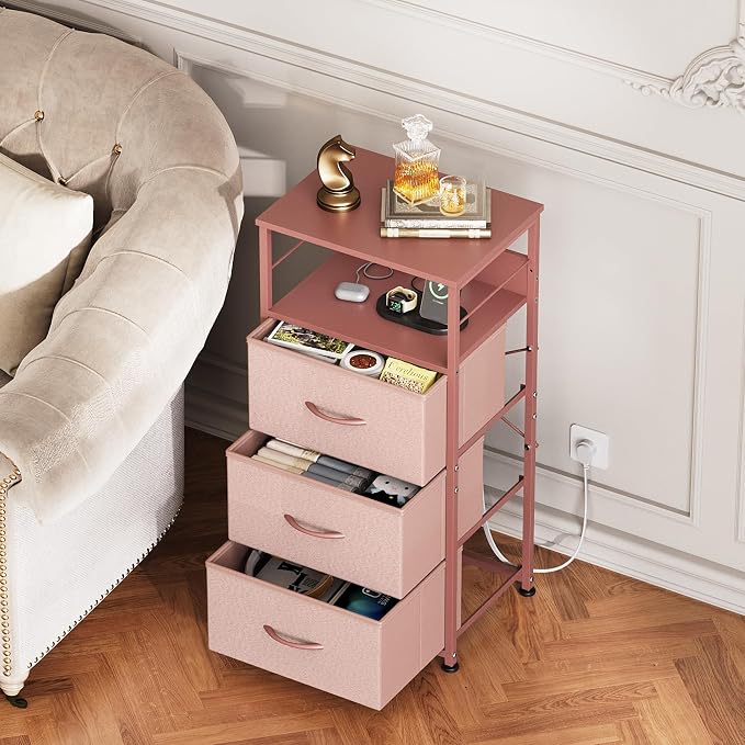 WLIVE Nightstand with Charging Station, 31.9" H Nightstand with 3 Fabric Drawers - Image 6