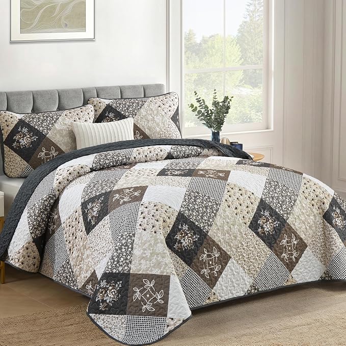 Dinjoy Patchwork Quilt Set King Size, Boho Bedding Set, Reversible Summer Plaid - Image 2