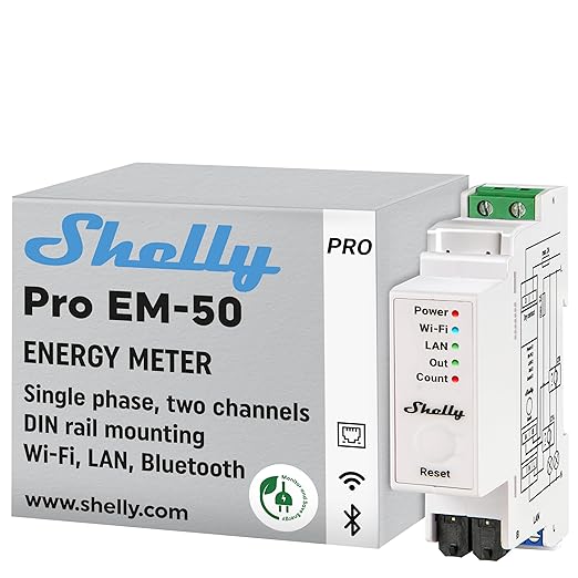 Shelly Pro EM 50A | Wi-Fi & LAN Energy Meter with Contactor Control | DIN-Rail | Home Automation | Bluetooth Gateway | Compatible with Alexa & Google Home | No Hub Required | Power Monitoring