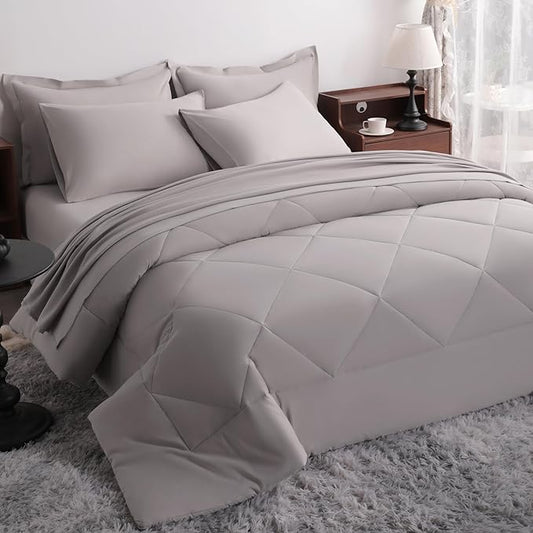 NTBAY Queen Comforter Set with Sheets, 7 Pieces Soft and Breathable Queen Bedding Set, Bed in a Bag, Down Alternative Comforter Set Solid Color All Season, Queen Bedding Set, Smoke Grey