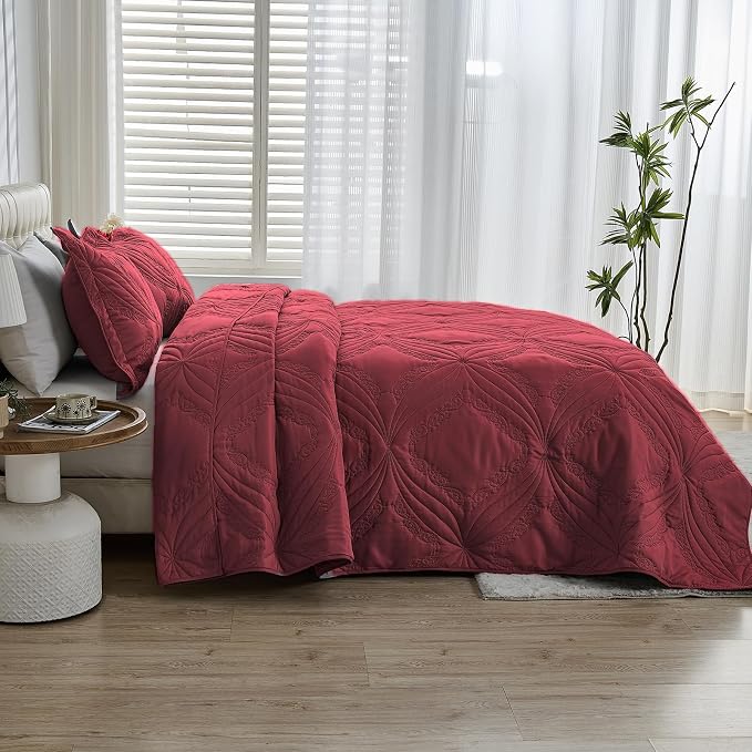 Kingnex Oversized King Bedspreads 128x120 Ultrasonic Quilted Burgundy | Extra - Image 3