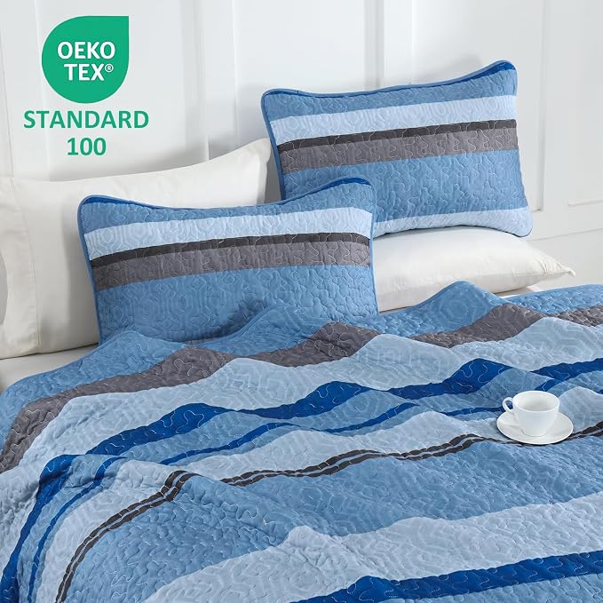 Dobuyly King Size Striped Quilt, Boho Blue Lightweight Bedspread Bedding | - Image 7