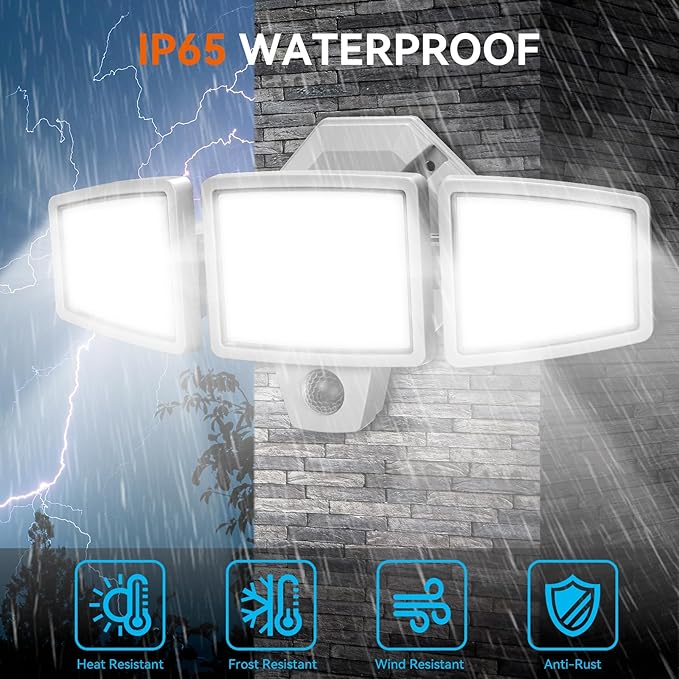 PURICH LED Security Lights Motion Sensor Outdoor Lights, 5000K Daylight, IP65 Waterproof, Dusk to Dawn, 3-Head Motion Detected Flood Light for Garage, Yard, Porch, White