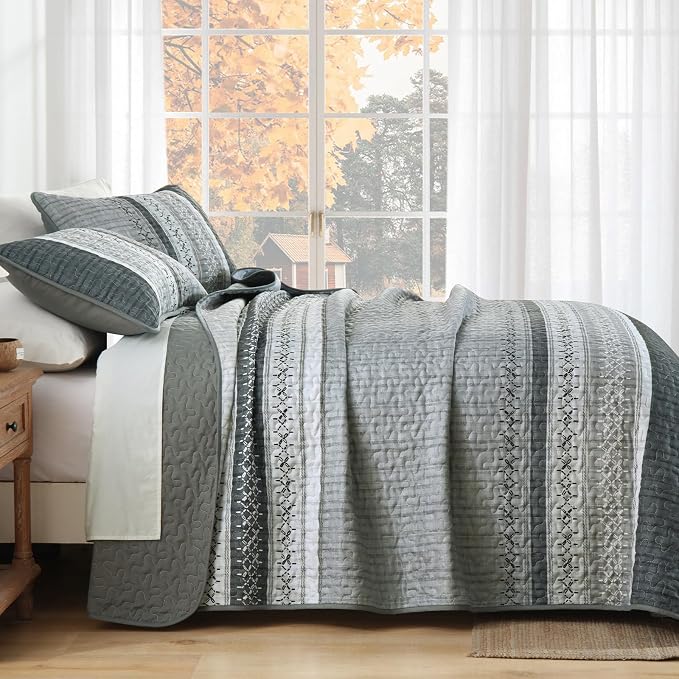Cottolester Gery Quilt Set King, Soft Striped Texture Bedspread Coverlet Set | - Image 3