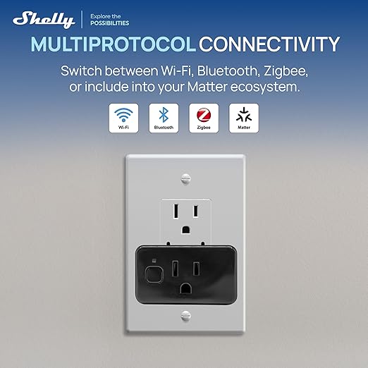 Shelly Smart Plug, WiFi, Bluetooth, Zigbee, Matter Outlet with Power Metering, Works with HomeKit, Google Home, Alexa, Home Assistant, Smart Socket, Easy Setup, Remote Control, Plug US Gen4 Black UL