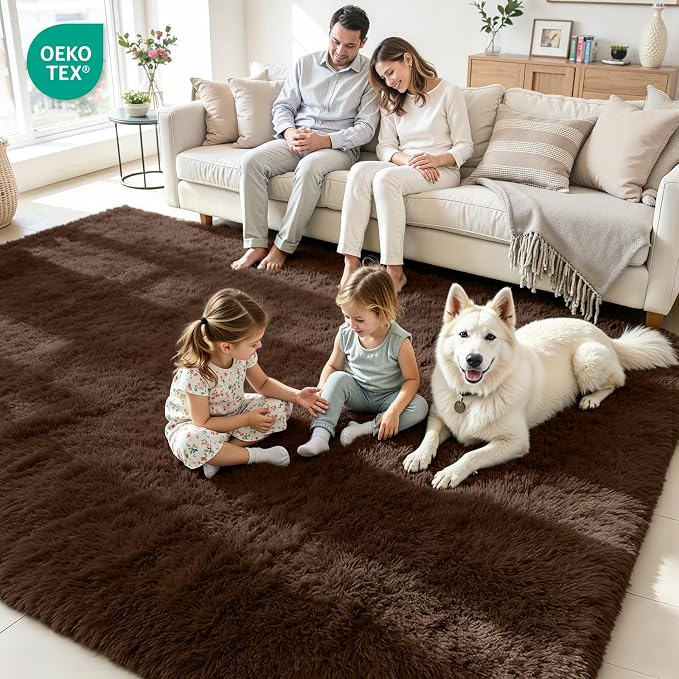 5x8 Fluffy Area Rug for Living Room: Soft Non-Slip Brown Bedroom Carpet | Ultra - Image 4