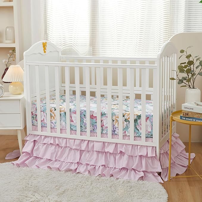 Brandream Crib Bed Skirt Dust Ruffle Triple Layer 100% Egyptian Cotton Sateen Silky Pink Purple Ruffled Baby Girls Nursery Bedding