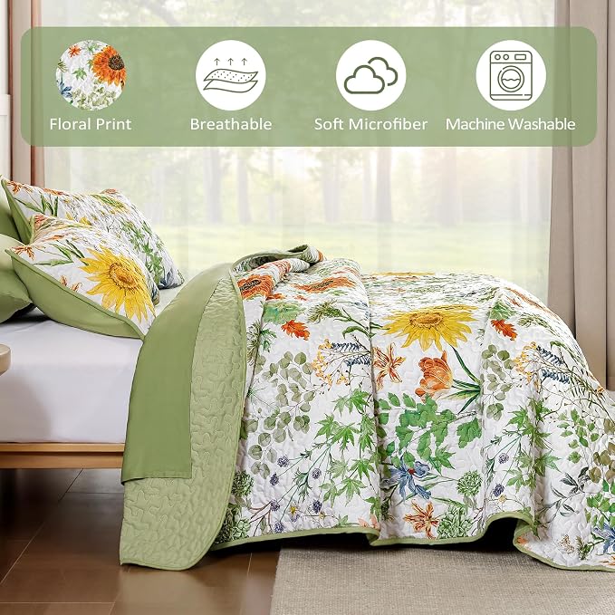 Yiran Floral Quilts Queen Size, Sunflower Botanical Bedspreads, Sage Green | - Image 6