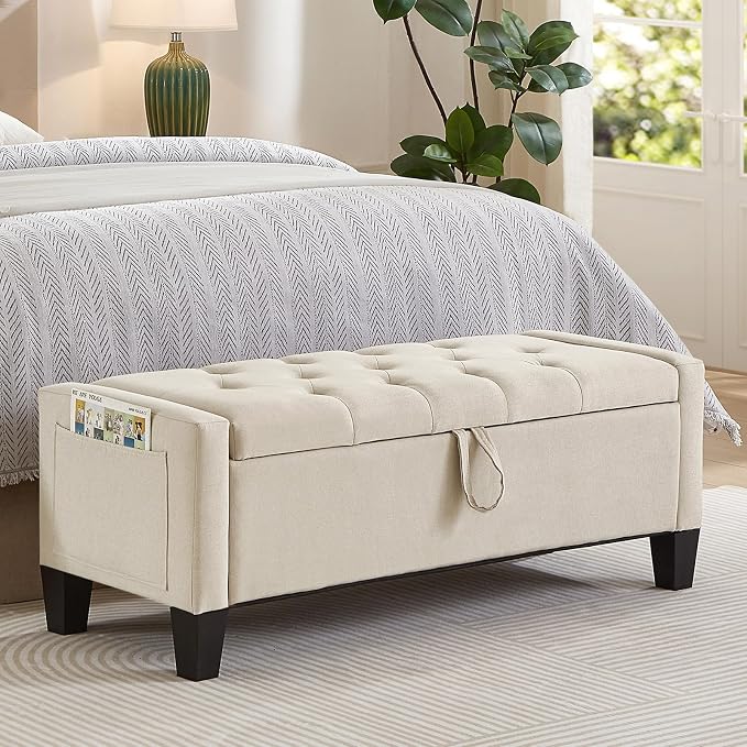 Modern Storage Ottoman Bench, Linen Upholstered End of Bed Bench by YourBeautifulSpace