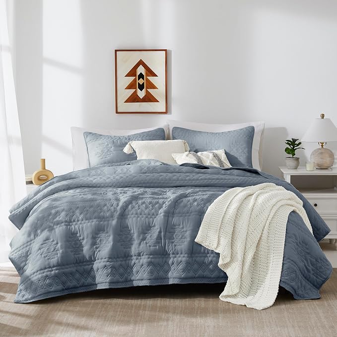 WDCOZY Boho Blue Grey Oversized California Cal King Size Quilt Bedding Sets by WDCOZY
