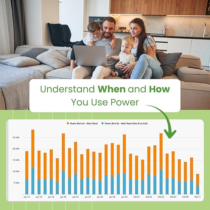 Eyedro Home Energy Monitor – Real-Time Electricity Usage Monitor with Solar Net Metering – Whole House Power Consumption Monitor – WiFi/Ethernet Smart Energy Meter with Reports & History, 2 Sensors
