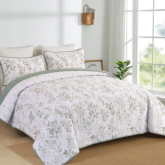 Anibedding Botanical Quilt Set Queen Size Sage Green Print Bedspreads | Green - Image 3