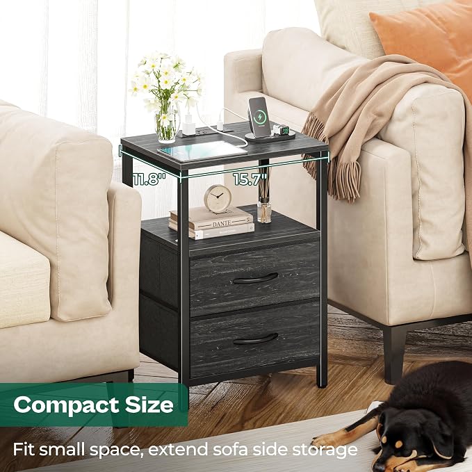Huuger Nightstand with Charging Station, Side Table with Fabric Drawers | - Image 5