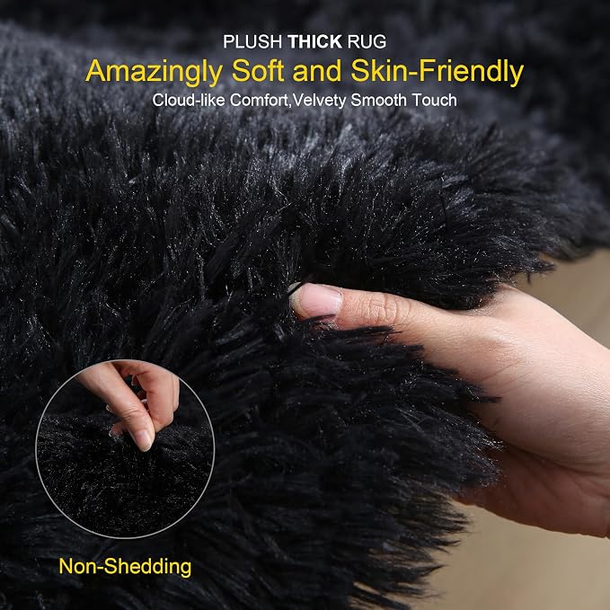 6x9 Thick Black Shag Rug for Bedroom, Soft Plush Fluffy Carpet | Black Area Rug - Image 3