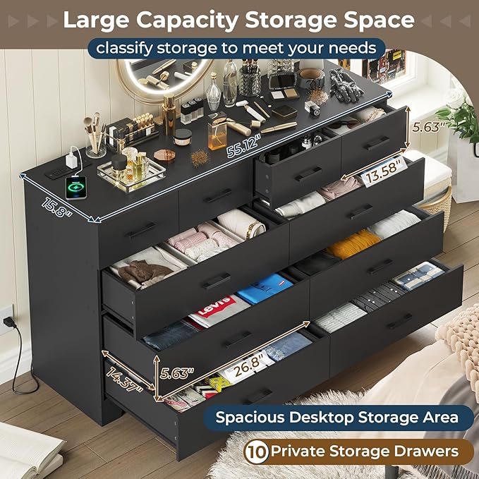 DICTAC Black Dresser for Bedroom with 10 Drawers, Large Chest of Drawers Storage Organizer, Long Dresser TV Stand with Power Outlets, Wide Dressers for Bedroom, Living Room 55.1" W x 32.3" H x 15.8" D