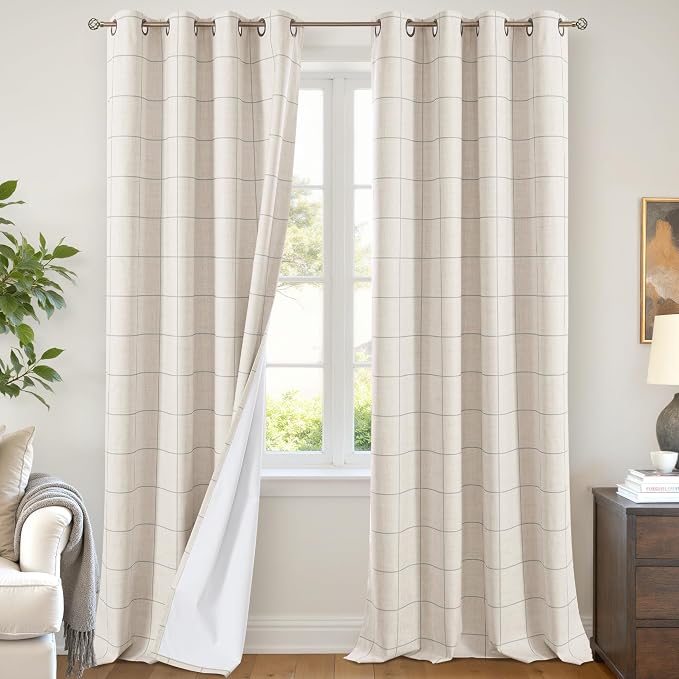Plaid Curtains 90 Inches Long, 2 Panels Each 52 Wide, Light Grey | Linen by Lajode