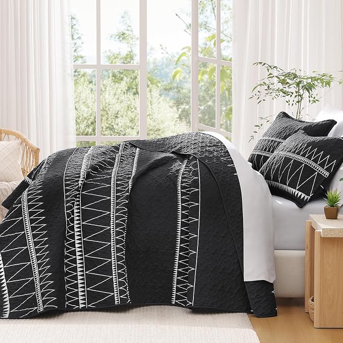 Black King Size Quilt Set, 3 Pieces Boho Striped Bedspread | Soft Lightweight - Image 7