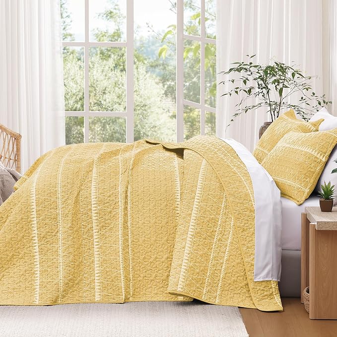 Yellow Twin Quilt Set, 2 Pieces Boho Lightweight Striped Bedspread | Soft - Image 7