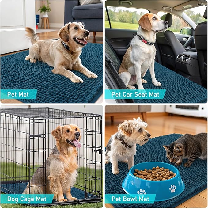 OLANLY Dog Door Mat for Muddy Paws 47x32, Absorbs Moisture and Dirt, Absorbent Non-Slip Washable Doormat, Quick Dry Chenille Mud Mat, Entry Indoor Entryway Carpet for Inside Floor, Atlantic Blue