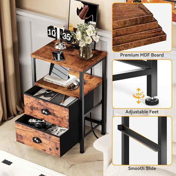 Night Stand Set 2 with Charging Station, LED Light, 2 Drawers, Rustic Brown | - Image 6