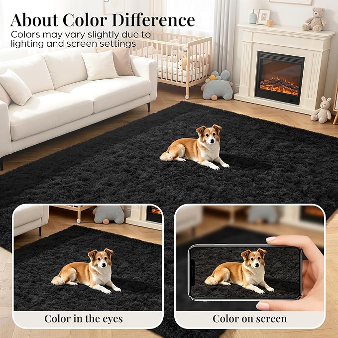 PLHXFR 6x9 Area Rugs Living Room: Fluffy Bedroom Rug Shag Carpet Black | - Image 7