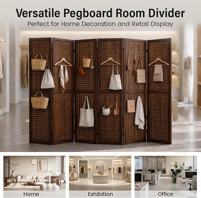6 Panel Pegboard Room Divider, Folding Privacy Screen, Freestanding Wooden - Image 5