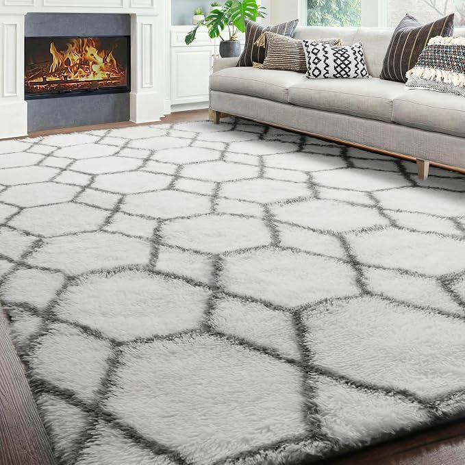 5x7 Area Rugs for Living Room Bedroom, Fluffy White and Grey Throw Rug - Image 7