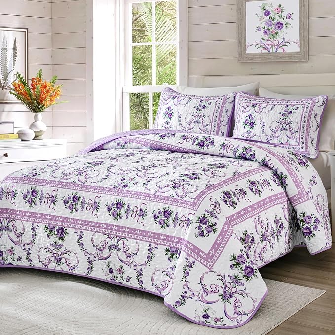 Anibedding Purple Queen Quilt Set, 3 Pieces Floral Pattern Quilts Bedspread | - Image 2
