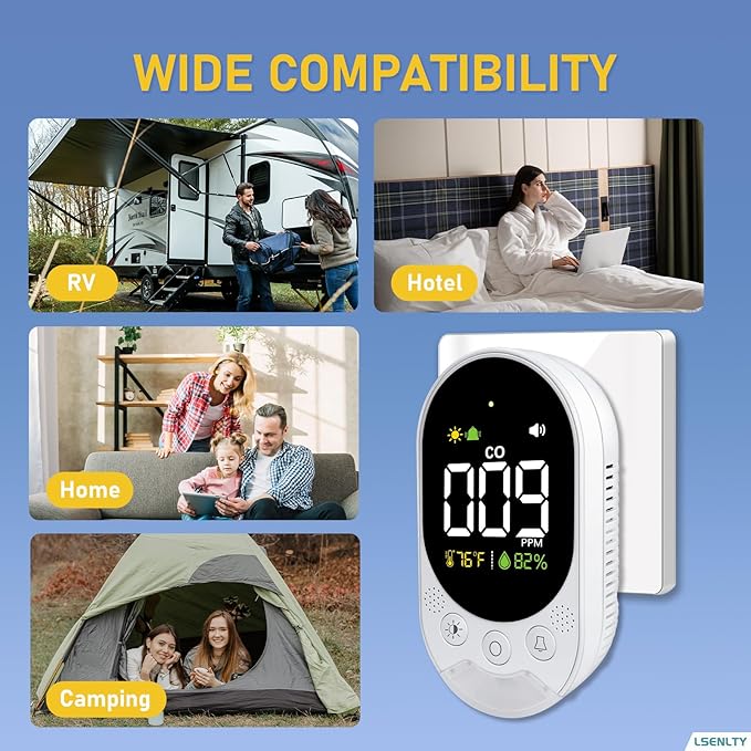 LSENLTY Portable Carbon Monoxide Detector with Battery, 2.7 Inch Large Screen Plug-in CO Detector, Lsenlty 3-in-1 Portable CO Detector (Temp and Hum), with Remind Function for RVs, Hotels, Travel