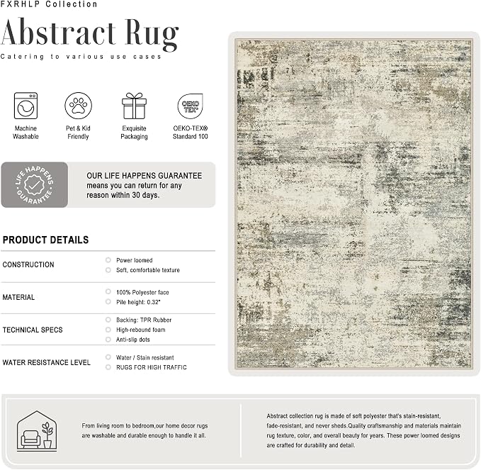 2.6x14 Washable Runner Rug:Modern Abstract Soft Carpet Ash Brown | - Image 3