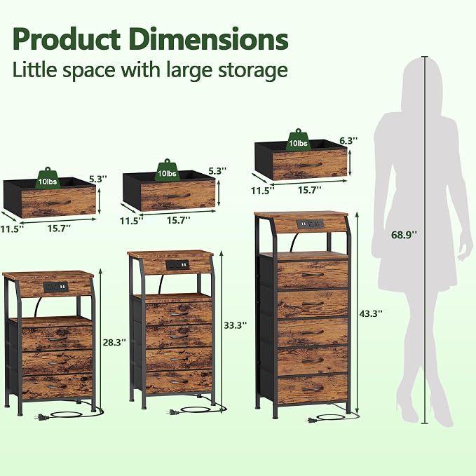 Night Stand with Charging Station, 4 Drawers Tall Bedside Table | Small Rustic - Image 9