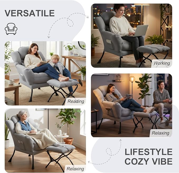 Furlide Lazy Chair with Ottoman, Modern Lounge Chair with Lumbar Pillow - Image 5