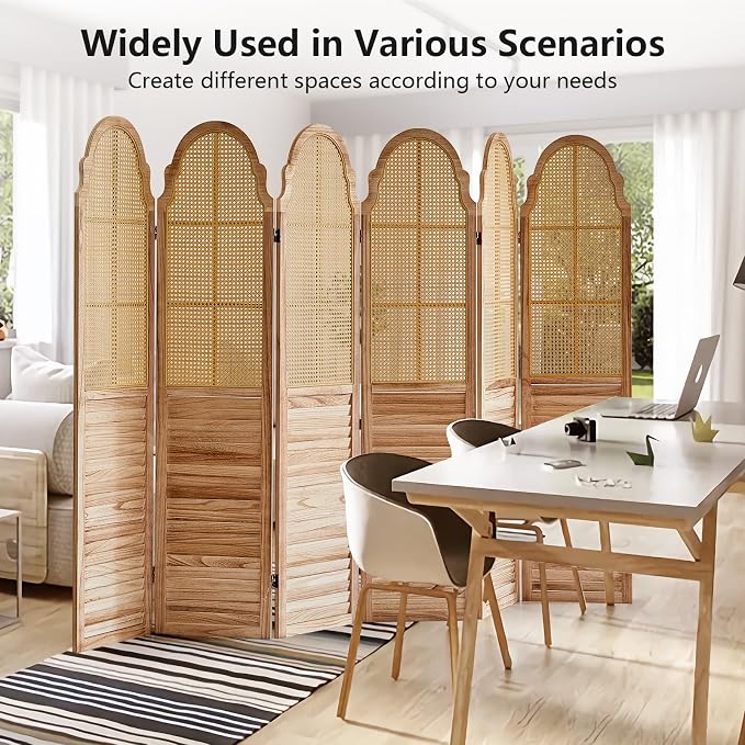 6 Panels Room Divider, Rustic Rattan Room Divider, Wood Folding Privacy Screen - Image 5