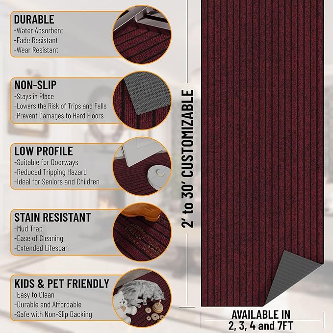 Ottomanson 2'7" x 12' Hallway Runner with Scraper Pile Extra Durable Non-Slip Rug Mat for Indoor & Outdoor Use - Ideal for Kitchen, Entryway, Patio & Garage - High-Traffic Carpet, Red