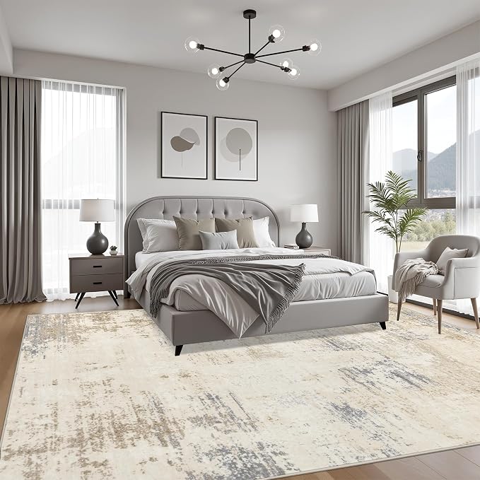 9x12 Area Rug Living Room: Modern Washable Soft Carpet Beige Brown | - Image 3