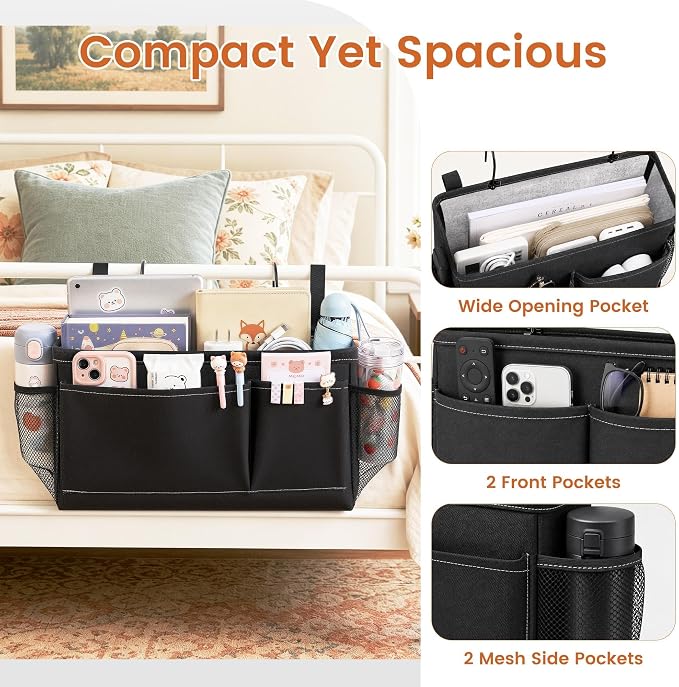 Bedside Caddy for Dorm Bed, Bedside Storage Bag Hanging Organizer | Metal Frame - Image 3